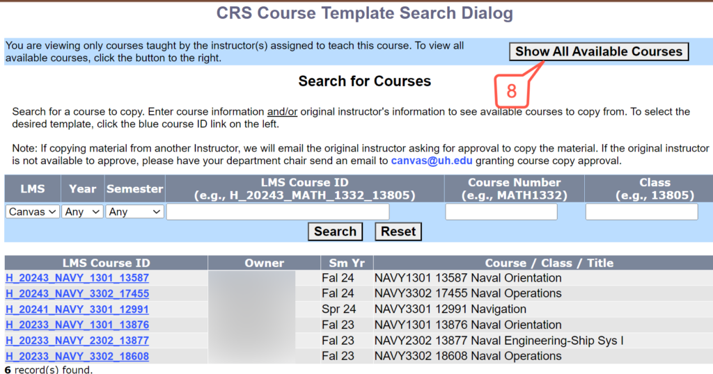 step 8 show all courses